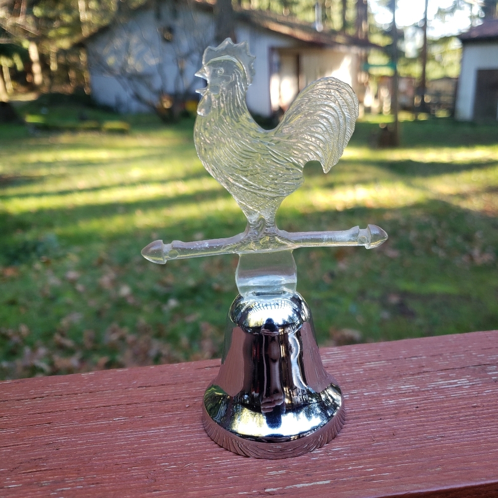 Vintage Small Silver Metal Bell With Lucite Weather Vane Rooster/Chicken Handle